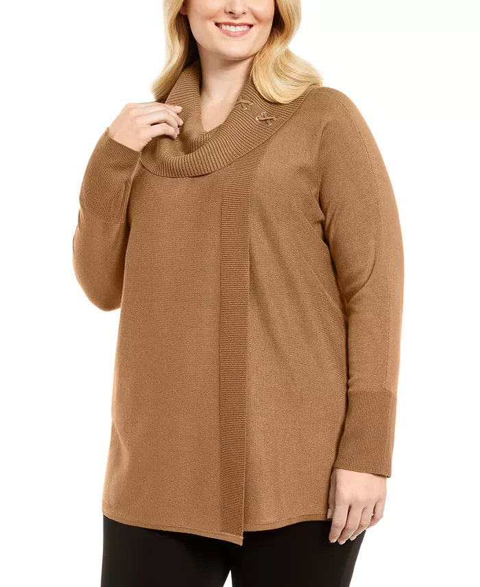 JM Collection Suéter Feminino Plus com Cadarço e Gola Redonda Amarelo Tamanho 0X