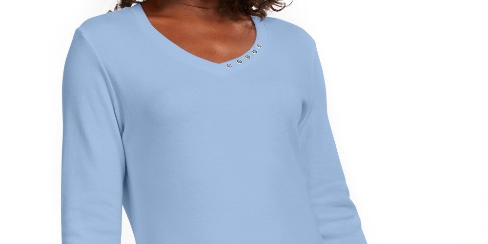 Karen Scott Blusa de algodão com decote em V e ilhós, tamanho XS, azul brilhante, feminina