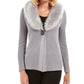 Cardigan feminino JM Collection com gola de pele sintética e broche para festa de fim de ano, tamanho extragrande, prateado