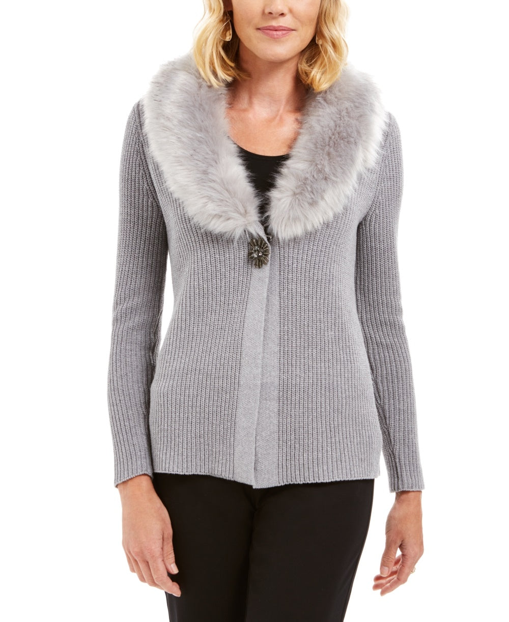 Cardigan feminino JM Collection com gola de pele sintética e broche para festa de fim de ano, tamanho extragrande, prateado