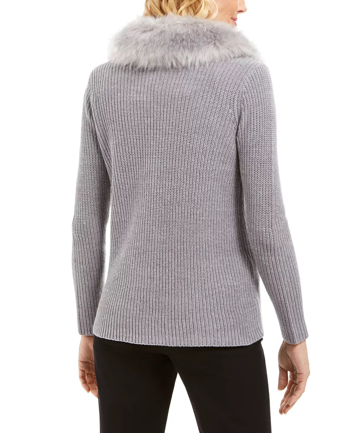 Cardigan feminino JM Collection com gola de pele sintética e broche para festa de fim de ano, tamanho extragrande, prateado
