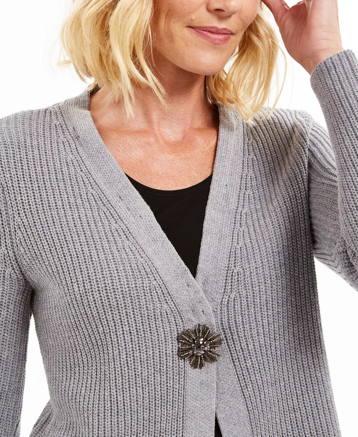 Cardigan feminino JM Collection com gola de pele sintética e broche para festa de fim de ano, tamanho extragrande, prateado