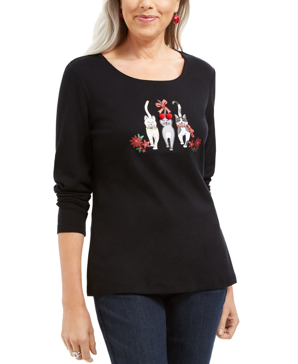 Karen Scott Top Festivo de Algodão Feminino Preto Tamanho P