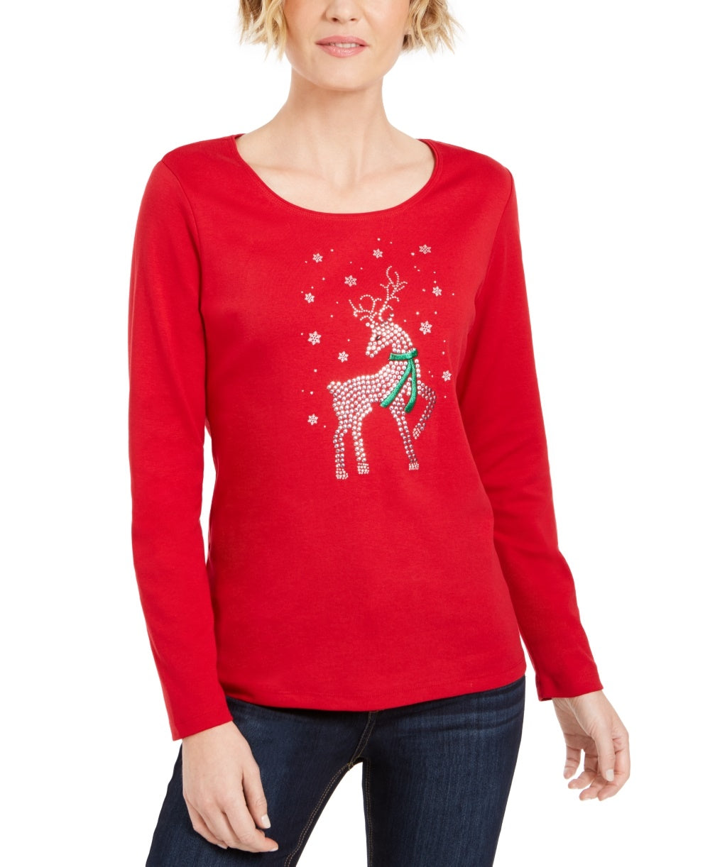 Camisa feminina Karen Scott com rena e strass, tamanho X-G, vermelha