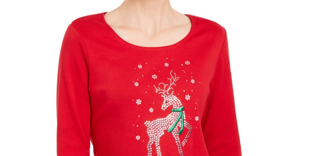 Camisa feminina Karen Scott com rena e strass, tamanho X-G, vermelha