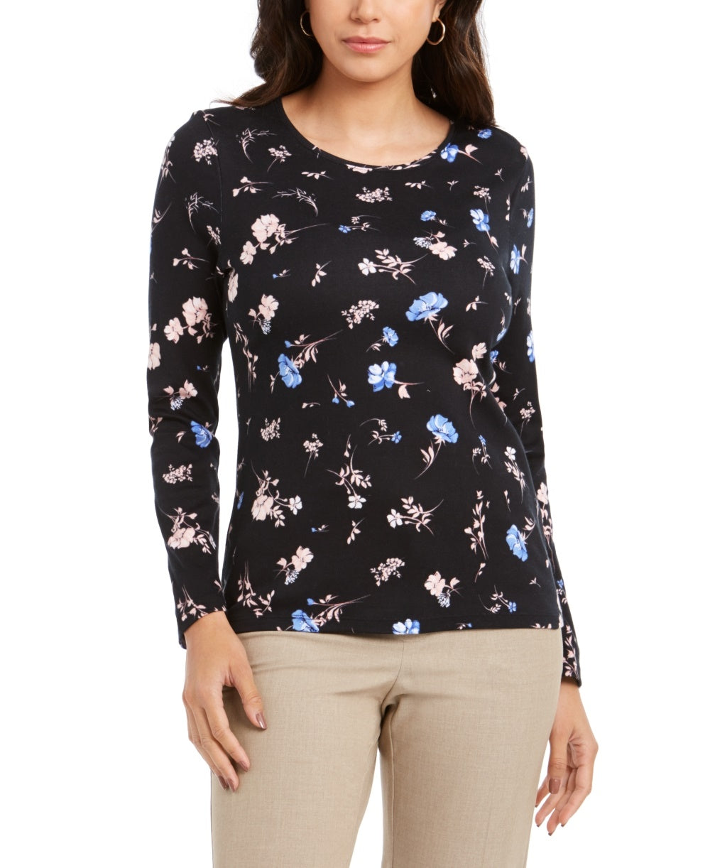 Blusa feminina Charter Club de algodão Pima com estampa Ditsy, preta, tamanho P