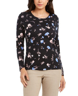 Charter Club Women's Pima Cotton Ditsy-Print TopBlack Size Small