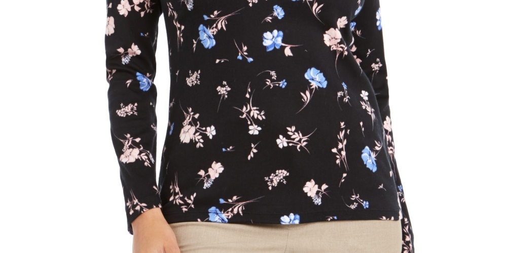 Blusa feminina Charter Club de algodão Pima com estampa Ditsy, preta, tamanho P