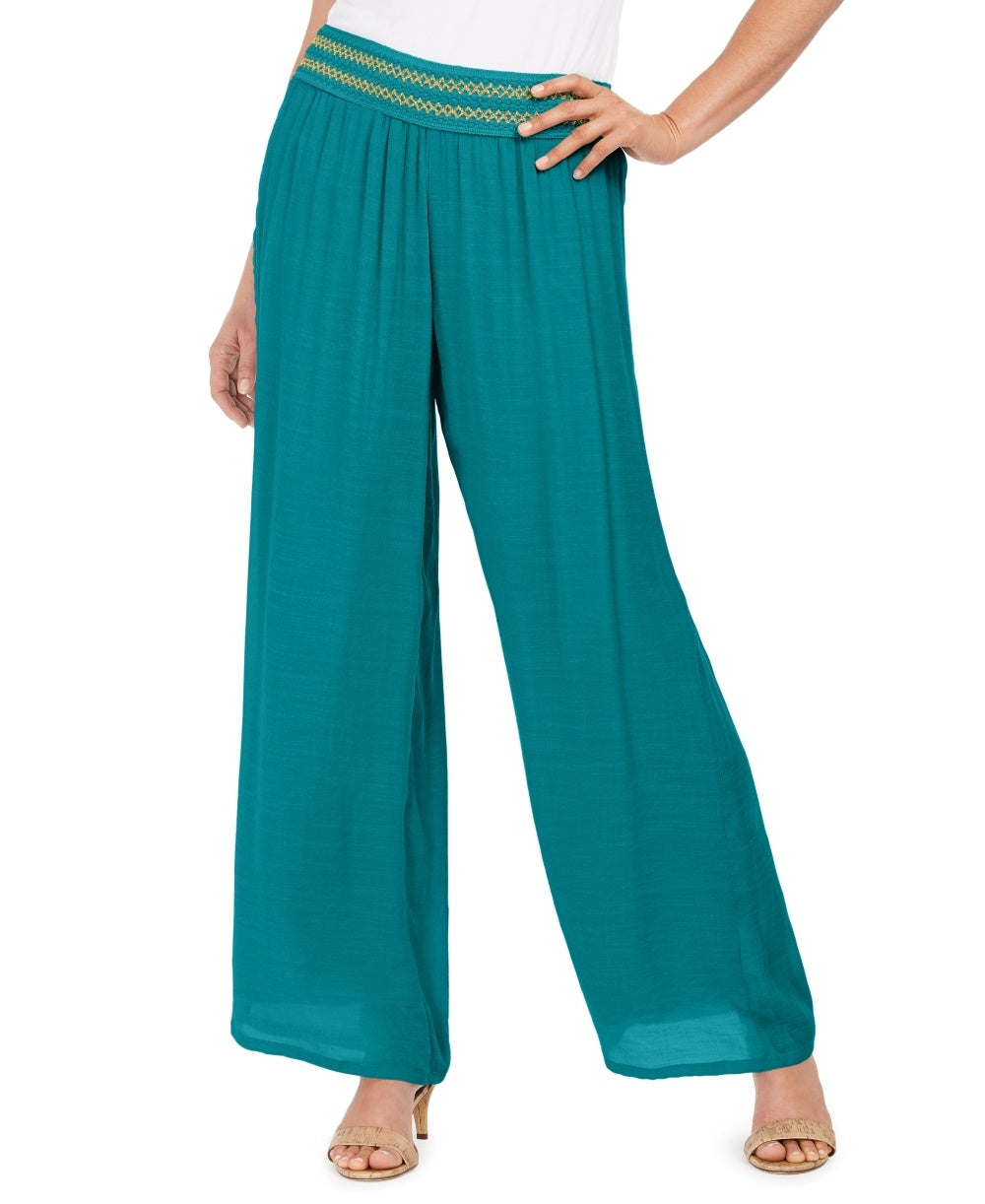 Calça feminina de gaze com detalhes metálicos e pernas largas, azul, tamanho extragrande, da coleção JM