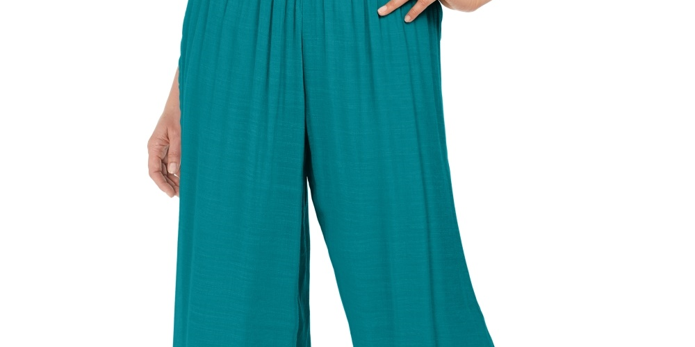 Calça feminina de gaze com detalhes metálicos e pernas largas, azul, tamanho extragrande, da coleção JM