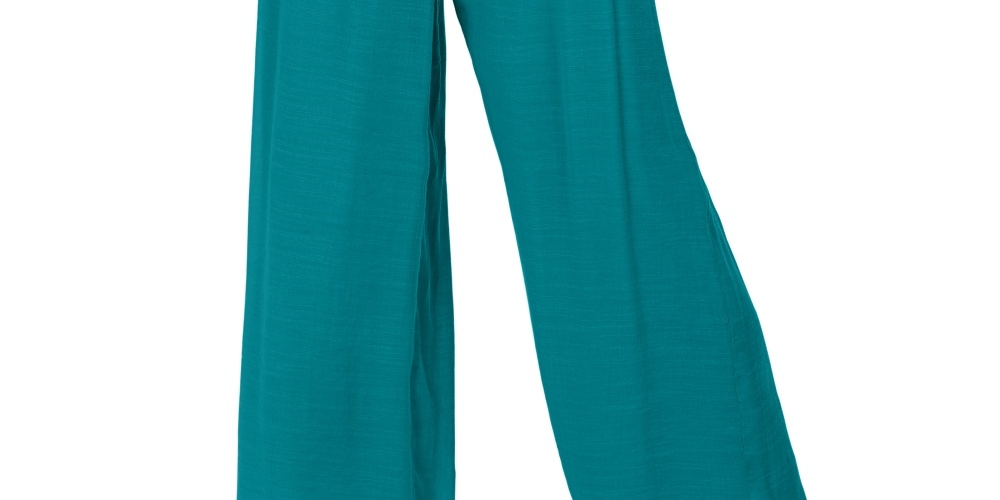 Calça feminina de gaze com detalhes metálicos e pernas largas, azul, tamanho extragrande, da coleção JM
