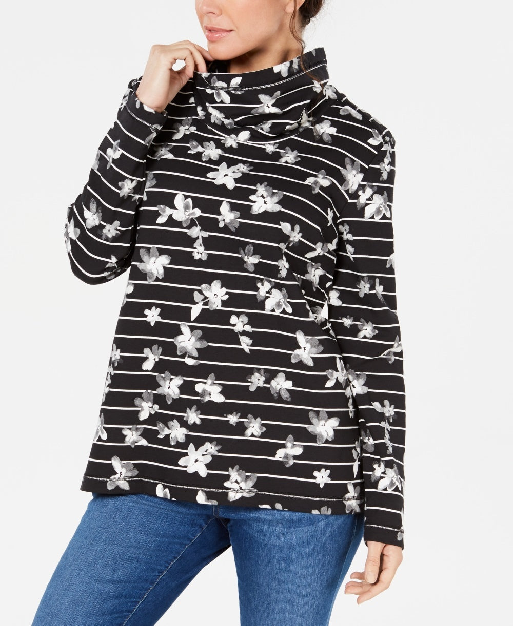 Karen Scott Blusa Feminina Listrada Estampa Floral Gola Funil Preta Tamanho Pequeno