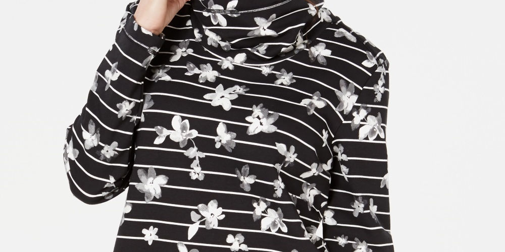 Karen Scott Blusa Feminina Listrada Estampa Floral Gola Funil Preta Tamanho Pequeno