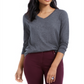 Camisa feminina de manga comprida com decote em V estilo &amp; co, cinza, tamanho grande