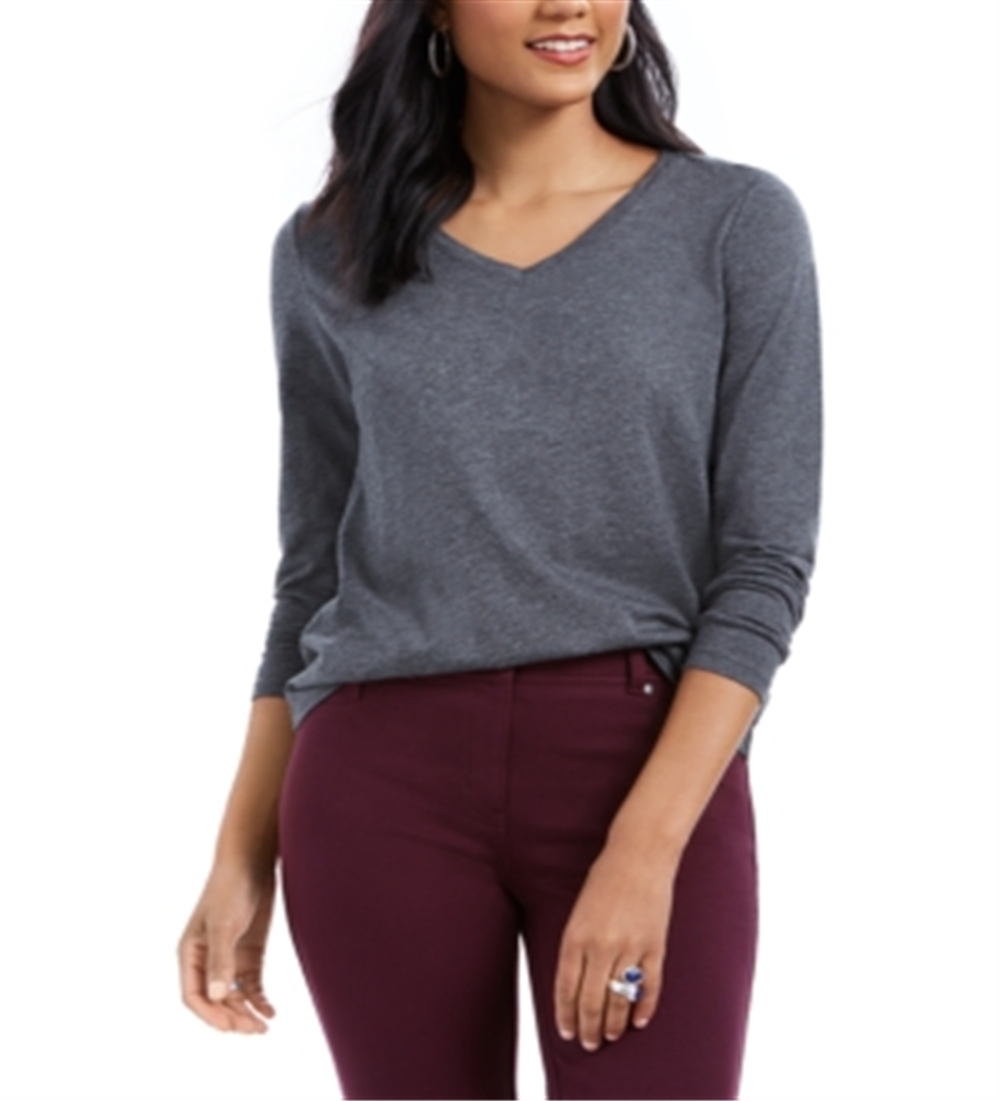 Camisa feminina de manga comprida com decote em V estilo &amp; co, cinza, tamanho grande