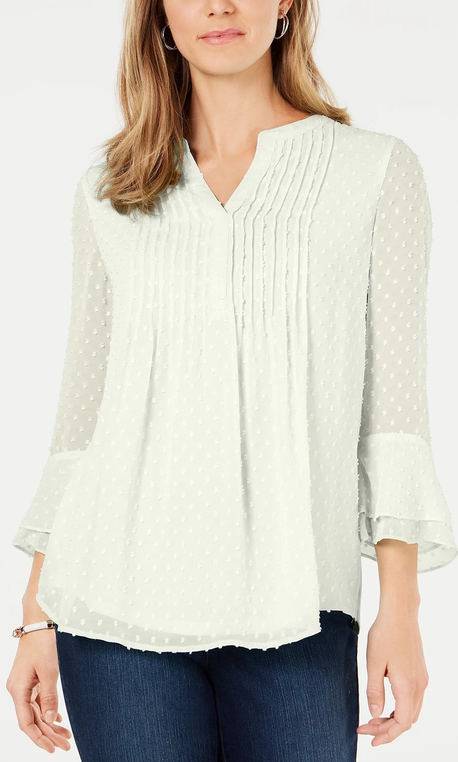 Charter Club Blusa feminina texturizada com babados duplos, branca, tamanho grande