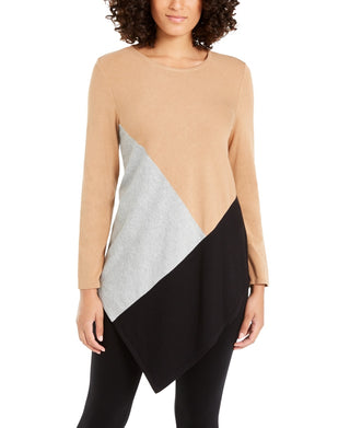 Túnica Alfani Feminina Petite Colorblocked Assimétrica Bege Cáqui PS/M