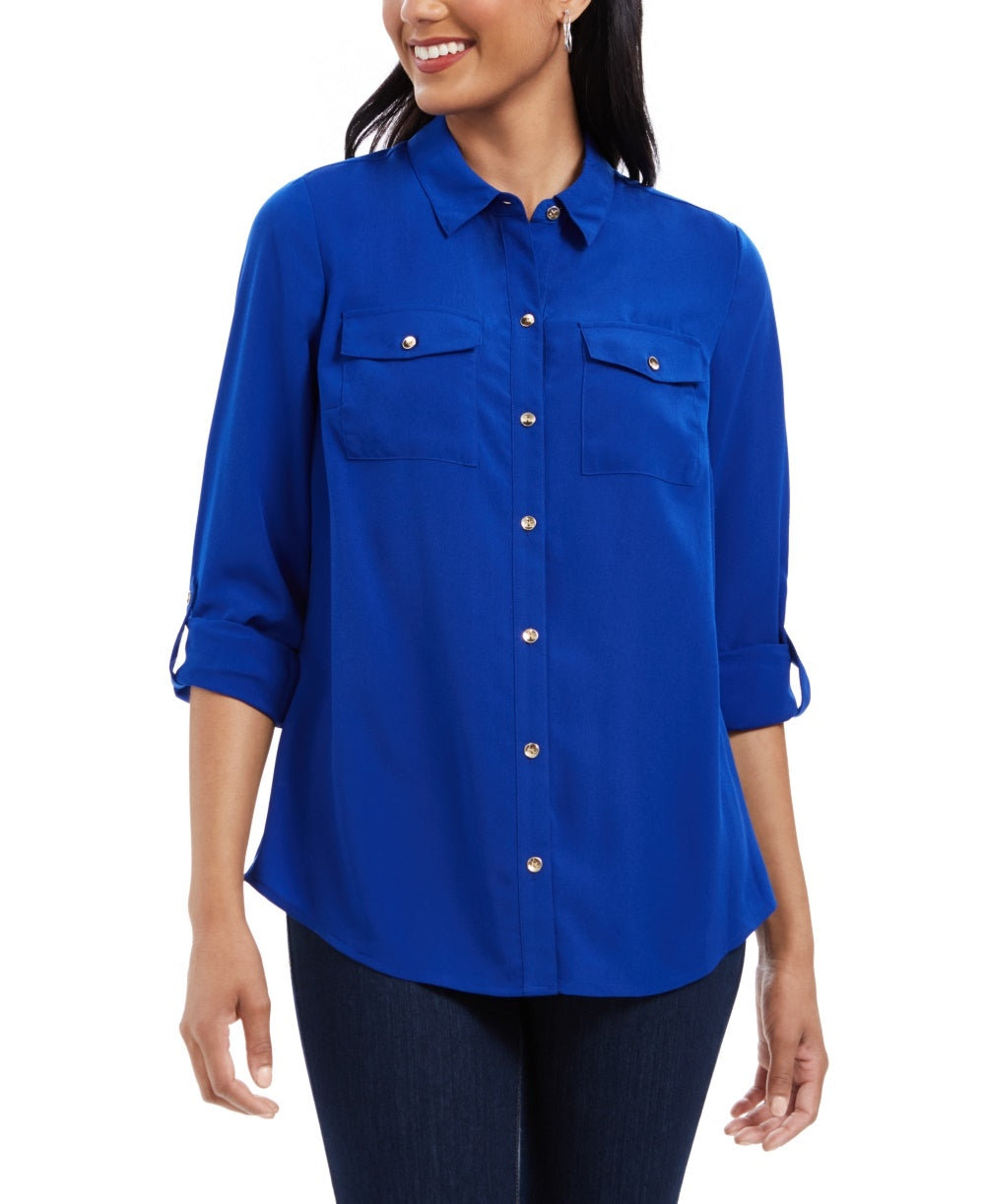 Camisa feminina Charter Club com dois bolsos, azul, tamanho pequeno
