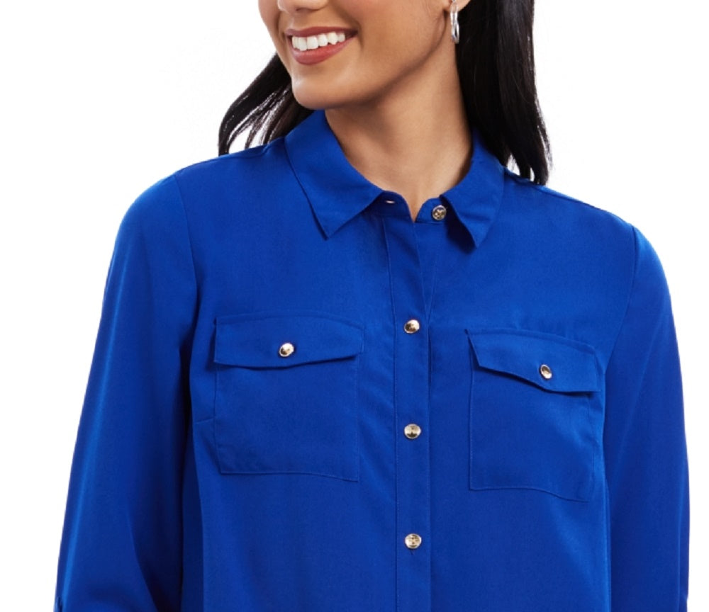 Camisa feminina Charter Club com dois bolsos, azul, tamanho pequeno