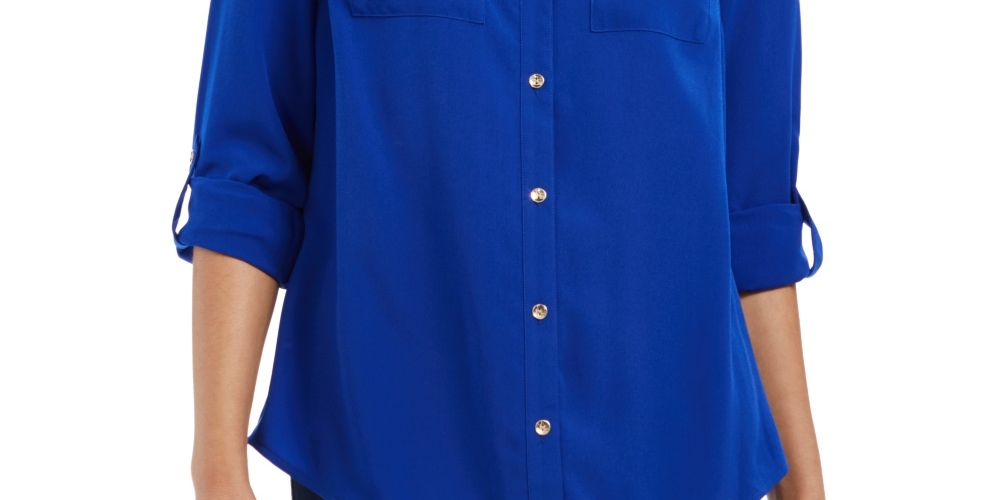 Camisa feminina Charter Club com dois bolsos, azul, tamanho pequeno