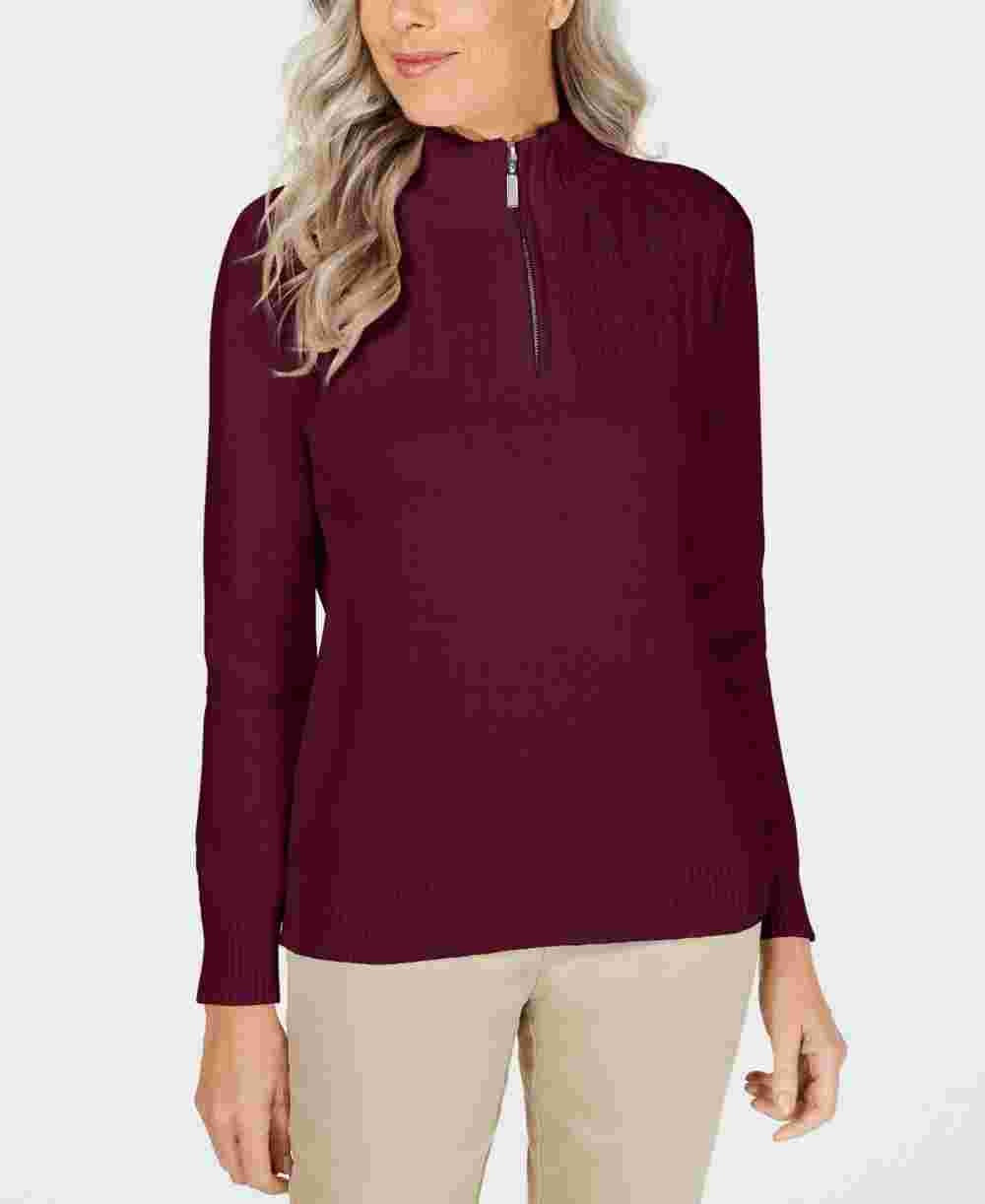 Karen Scott Suéter Feminino de Algodão com Zíper e Gola Alta Vermelho Tamanho XS