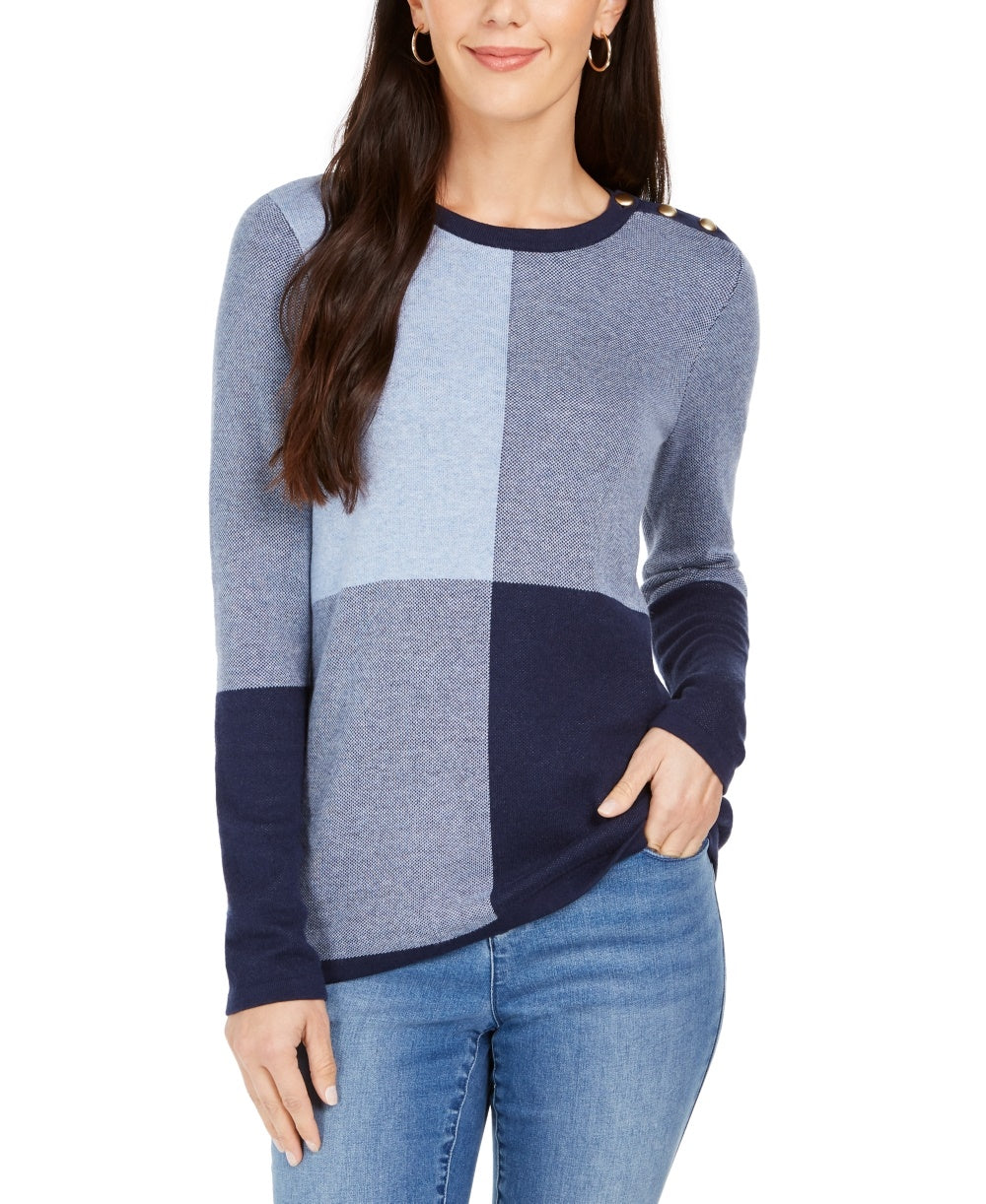 Suéter feminino com botões e blocos de cores Charter Club, azul, tamanho XX-G