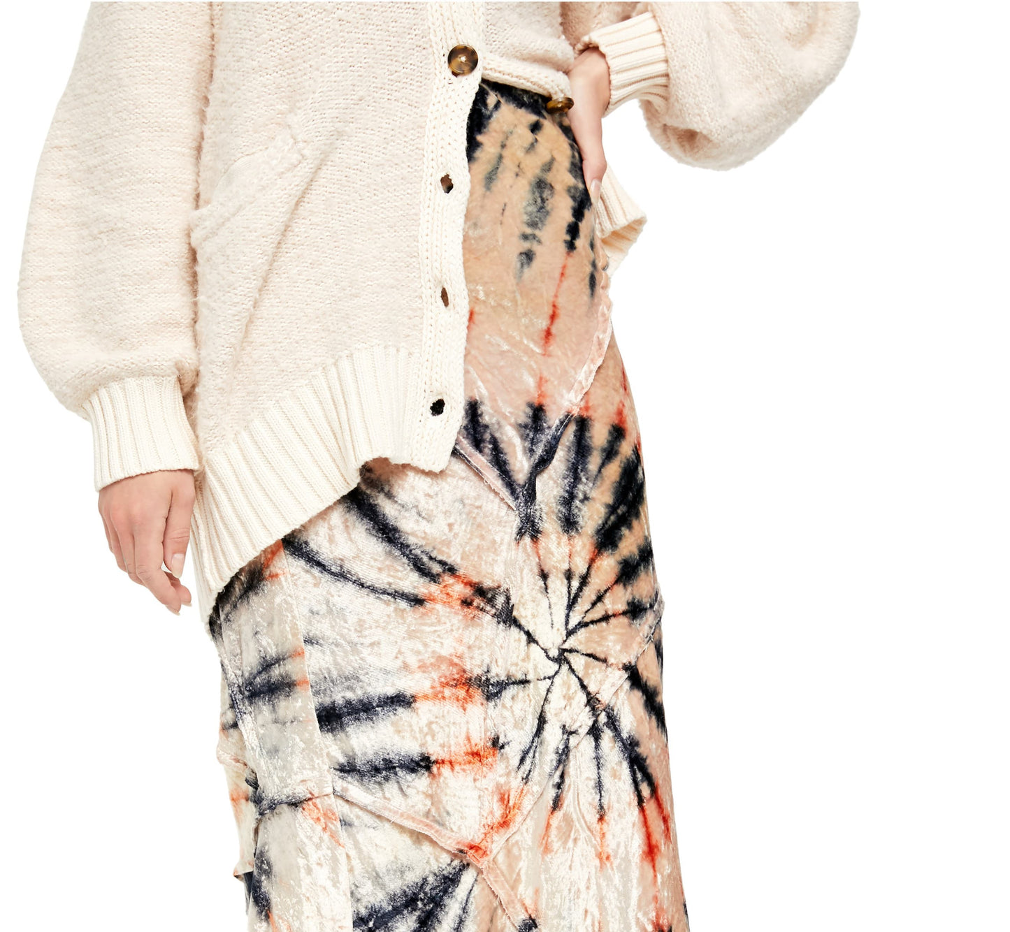 Saia de veludo tie-dye Serious Swagger feminina Free People, bege, tamanho pequeno