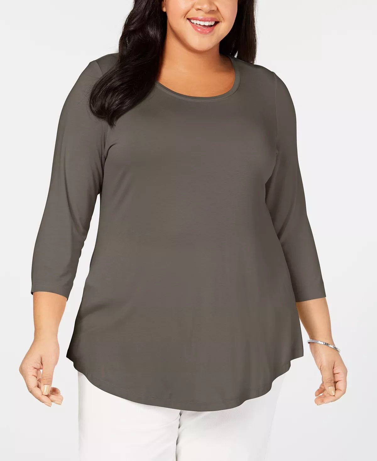 JM Collection Top feminino plus size com decote redondo cinza 0X