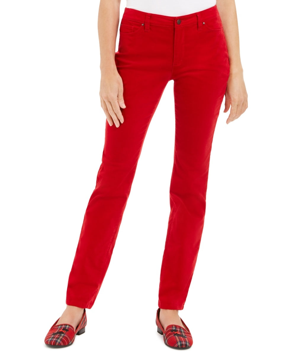 Calça jeans feminina Charter Club Lexington Velveteen com controle de barriga, perna reta, vermelha, tamanho 8
