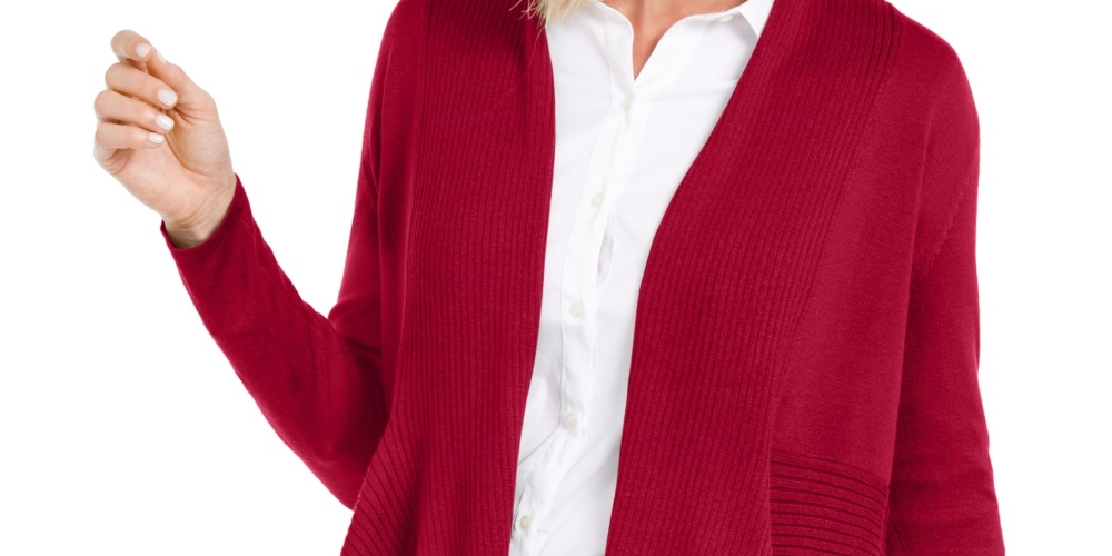 Cardigan feminino canelado com bainha de lenço JM Collection, vermelho, tamanho XX-G