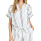 Charter Club Blusa feminina listrada de linho com amarração, branca, tamanho X-S