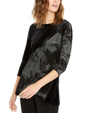 Blusa feminina Alfani com estampa de folha de veludo profundo, alta e baixa, preta, tamanho extragrande
