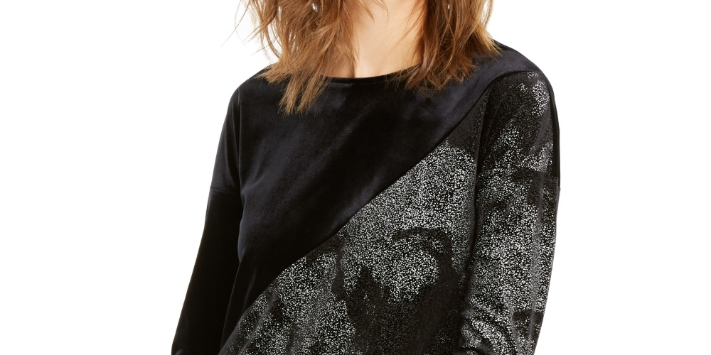 Blusa feminina Alfani com estampa de folha de veludo profundo, alta e baixa, preta, tamanho extragrande