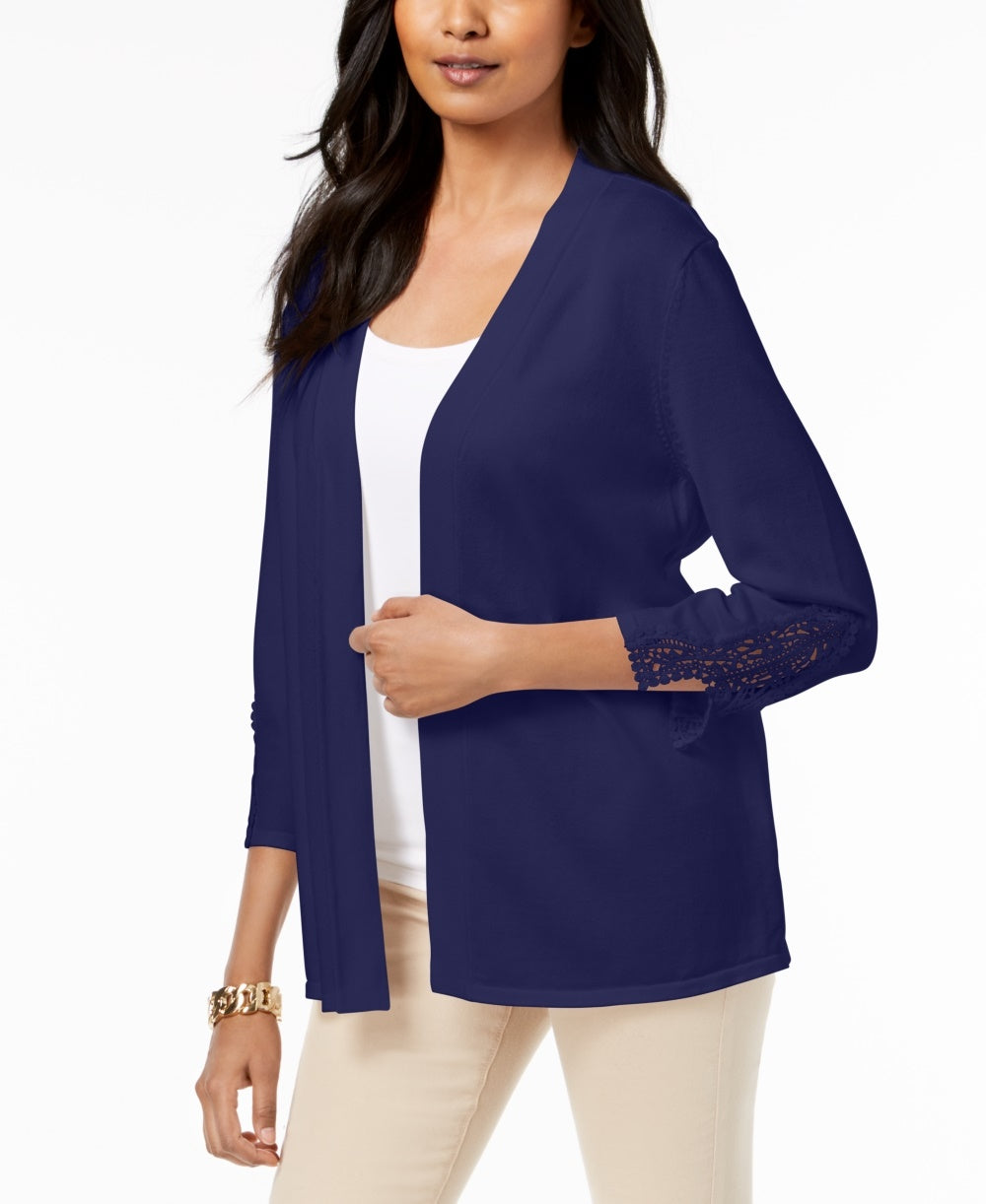 Cardigan feminino com frente aberta e acabamento em crochê, tamanho XX-G, azul, da coleção JM