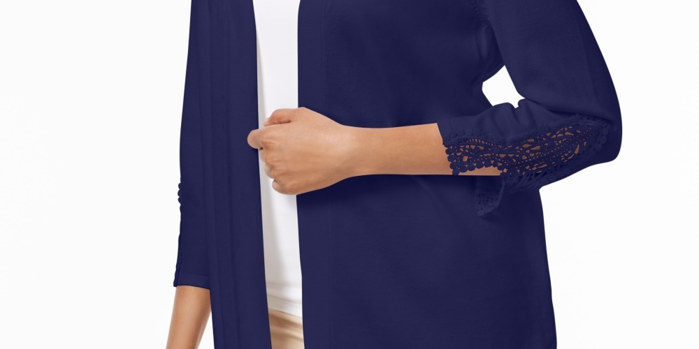 Cardigan feminino com frente aberta e acabamento em crochê, tamanho XX-G, azul, da coleção JM