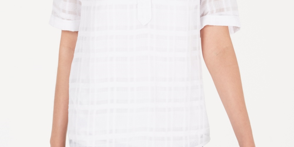 Blusa feminina xadrez com decote em V Alfani, branca, tamanho pequeno, extragrande