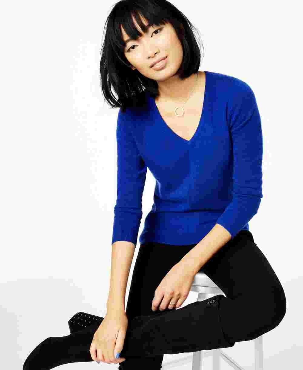 Suéter de cashmere feminino Charter Club com decote em V, azul, tamanho pequeno e pequeno