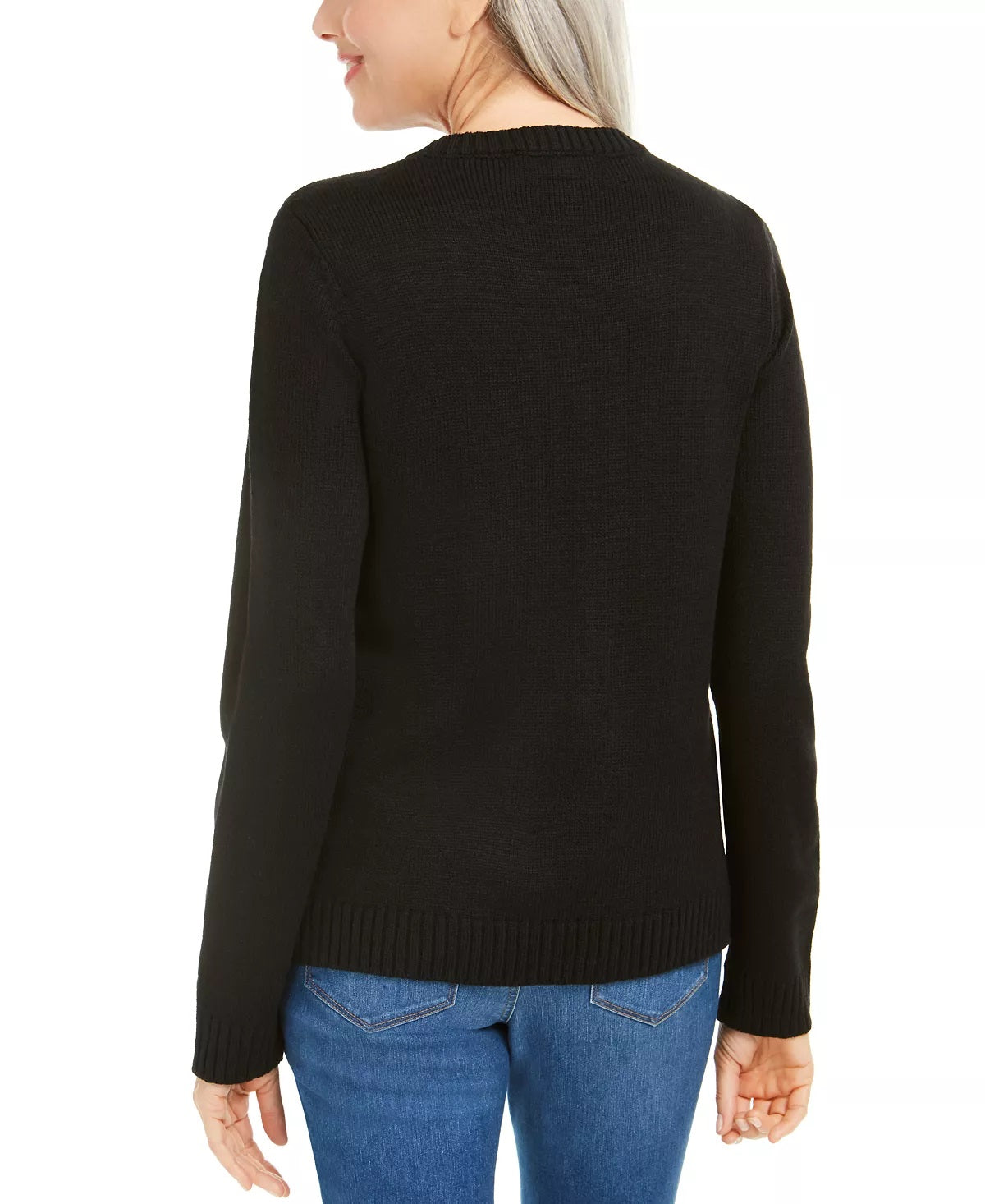 Karen Scott Suéter Feminino com Apliques Triplos de Árvore de Natal Preto Tamanho P