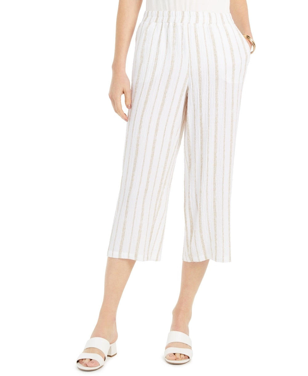 Calça feminina listrada e amassada JM Collection, bege, tamanho médio
