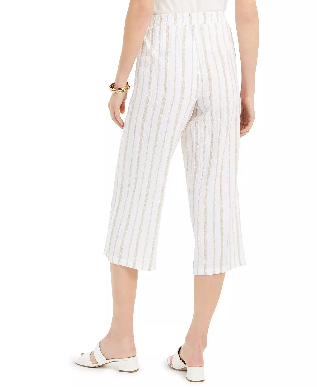 Calça feminina listrada e amassada JM Collection, bege, tamanho médio