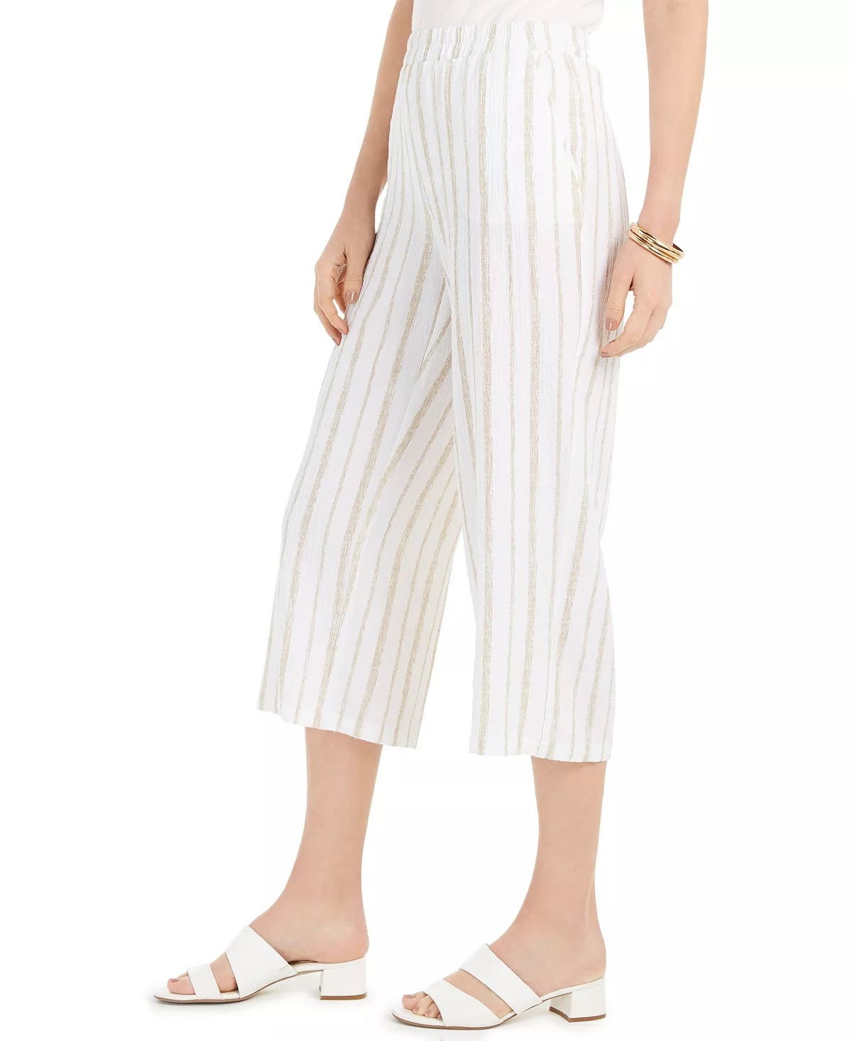 Calça feminina listrada e amassada JM Collection, bege, tamanho médio