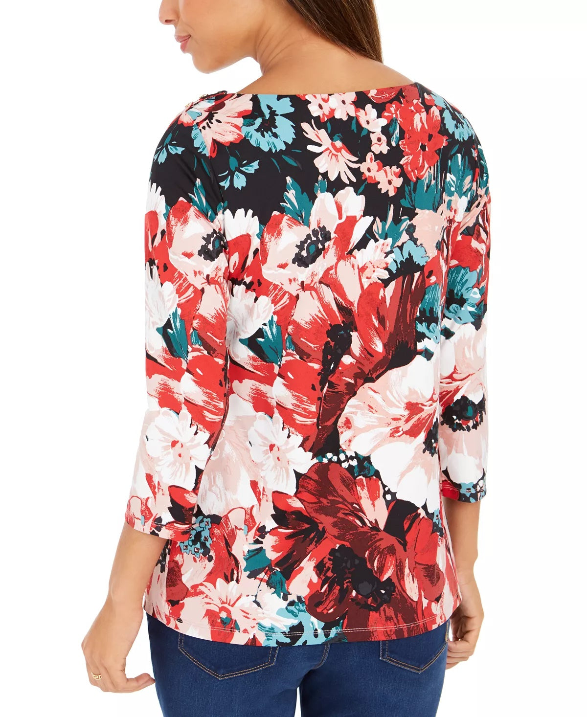 Charter Club Blusa feminina com estampa floral e decote canoa, vermelha, tamanho médio