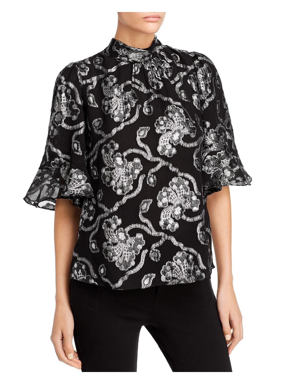 Blusa feminina Rebecca Taylor com estampa paisley metálica e manga curta, tamanho 10, prata