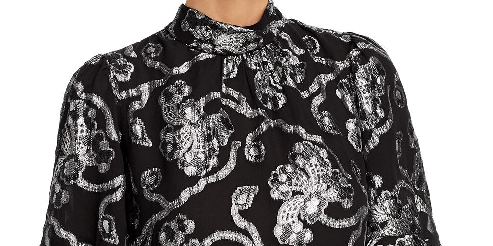 Blusa feminina Rebecca Taylor com estampa paisley metálica e manga curta, tamanho 10, prata