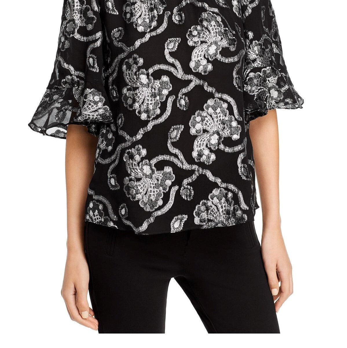 Blusa feminina Rebecca Taylor com estampa paisley metálica e manga curta, tamanho 10, prata