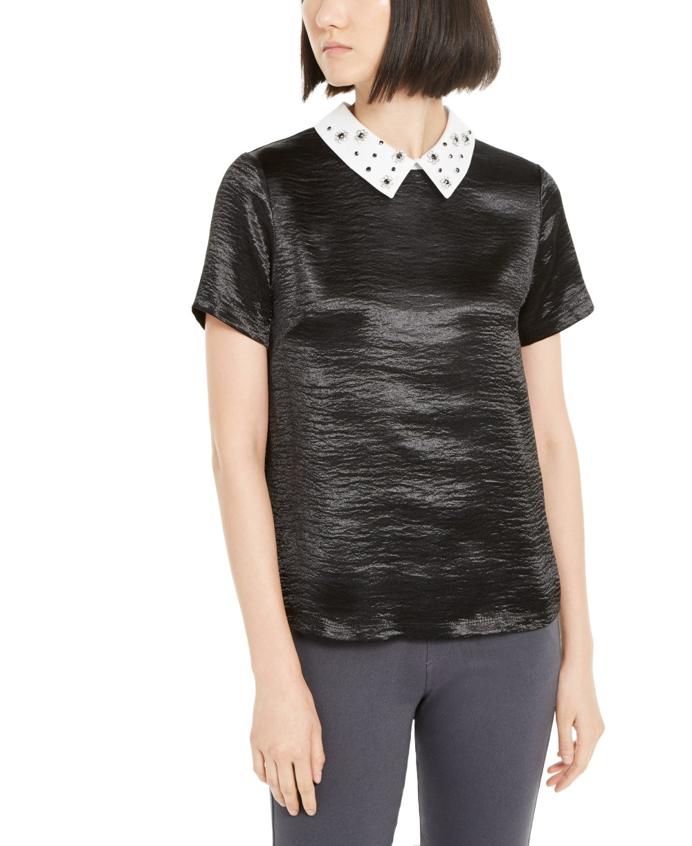 Top feminino Monteau com gola de strass, preto, tamanho M