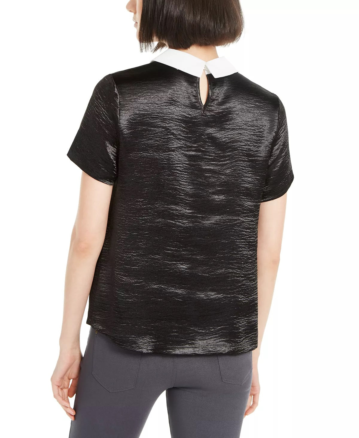 Top feminino Monteau Petite com gola de strass, preto, tamanho pequeno grande