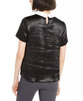 Top feminino Monteau Petite com gola de strass, preto, tamanho pequeno grande