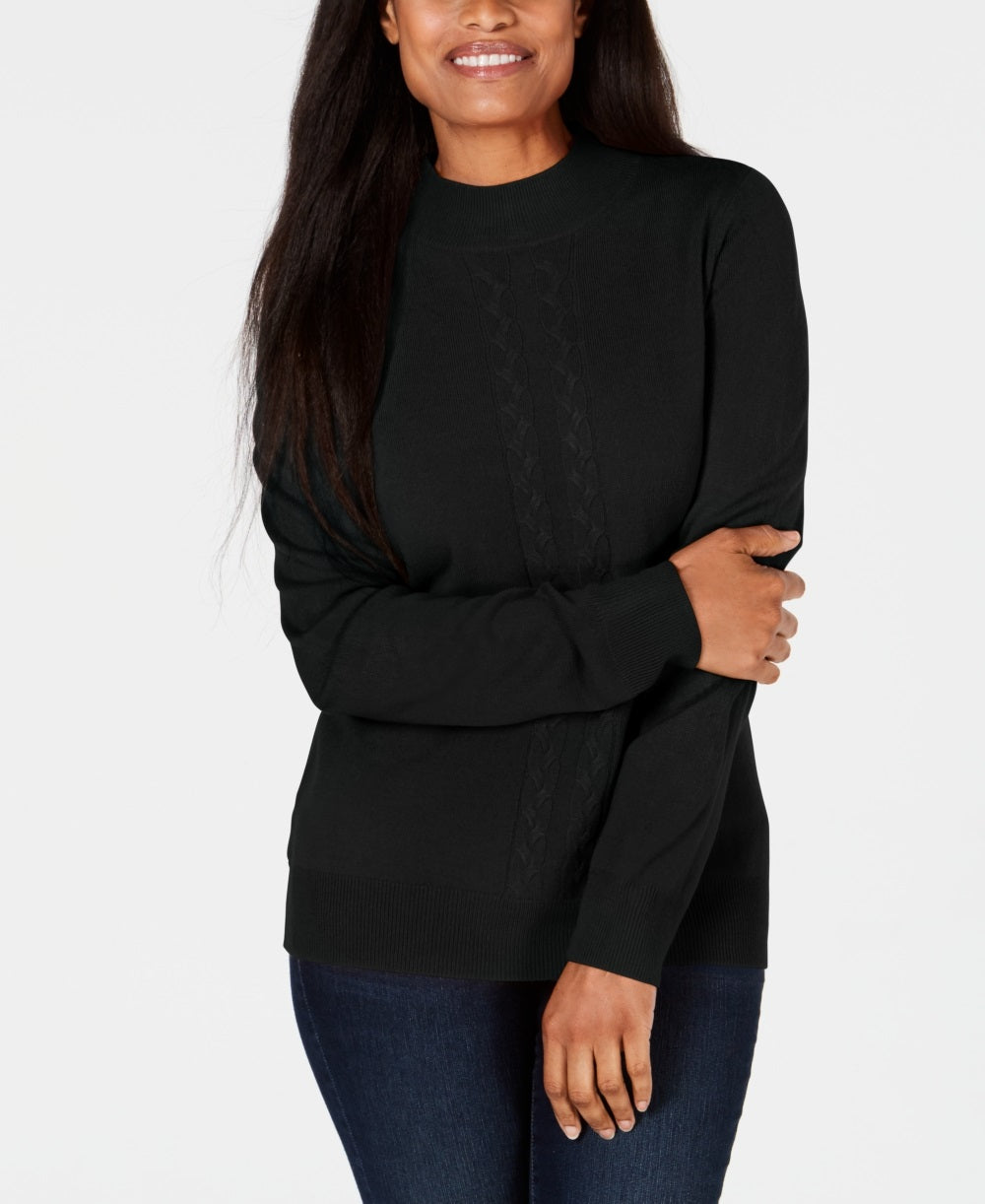 Karen Scott Suéter Feminino Petite Cable Knit Gola Redonda Preto Tamanho Petite Pequeno