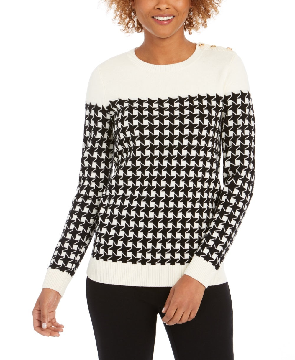 Suéter feminino Charter Club com gola redonda e estampa pied-de-poule colorblock, preto, tamanho médio